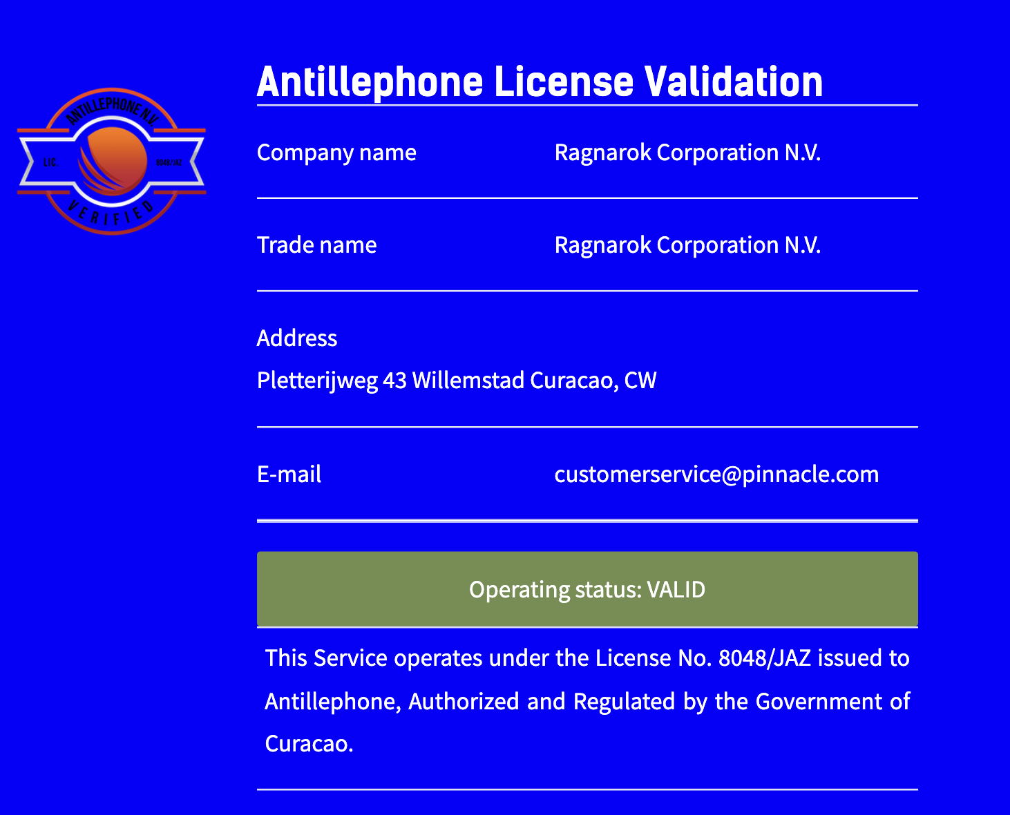 Ragnarok Corporation N.V. Casino Owned Operated