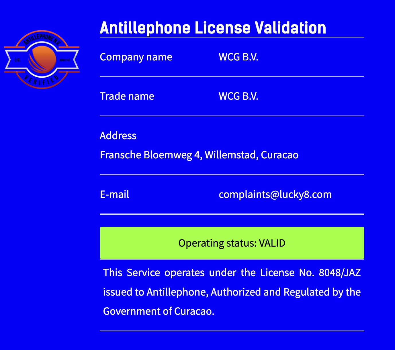 WCG B.V. Casino Owned Operated