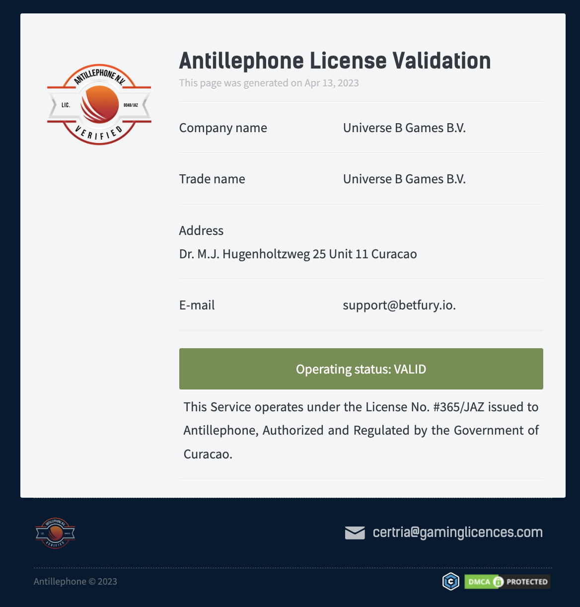 Universe B Games B.V. Casino Owned Operated 