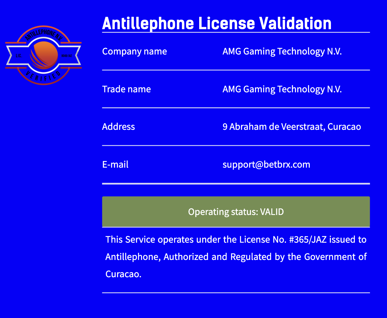 Casino owned and operated by AMG Gaming Technology N.V.