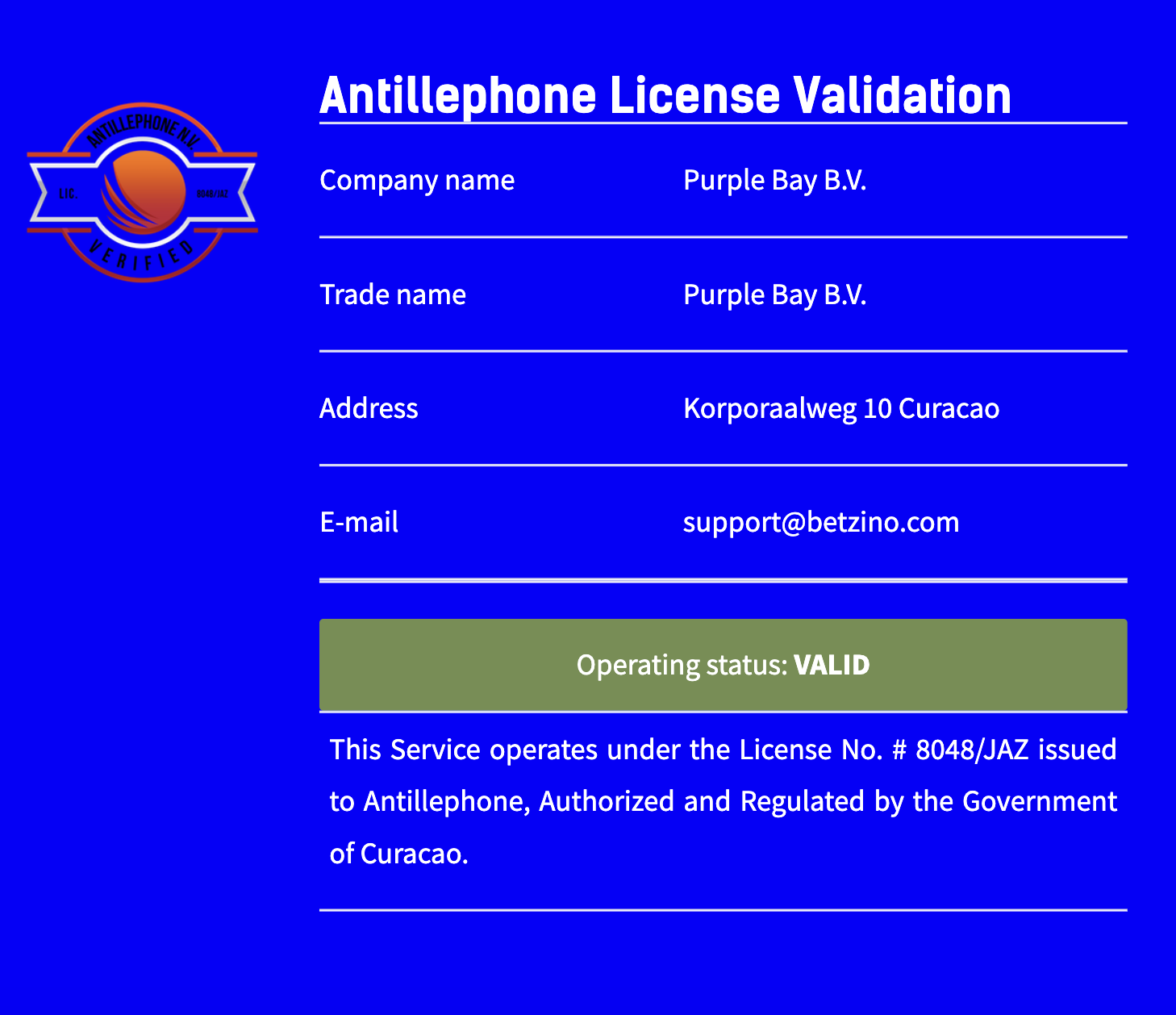 Casino owned and operated by Purple Bay B.V.