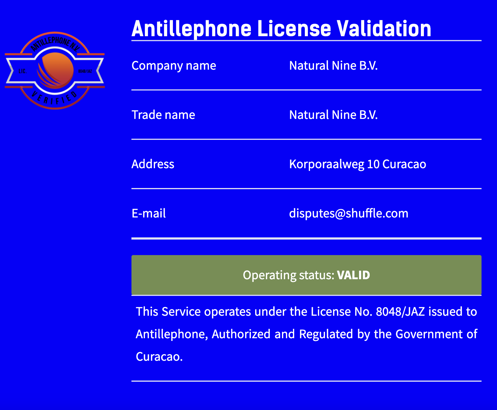Casino owned and operated by Natural Nine B.V.