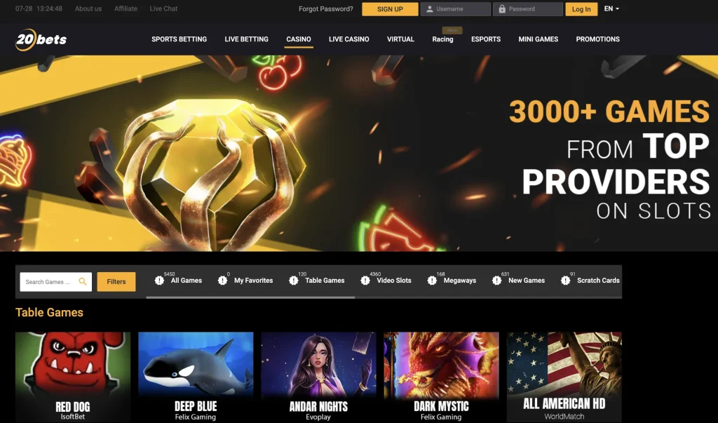 20bets Online Casino Homepage in 2024