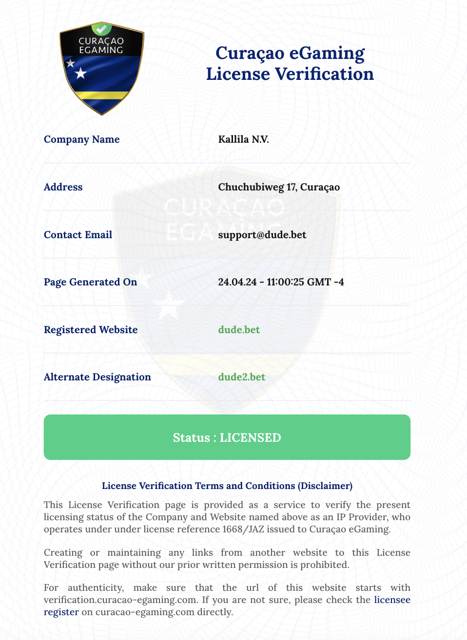 Casino owned and operated by Kallila N.V.