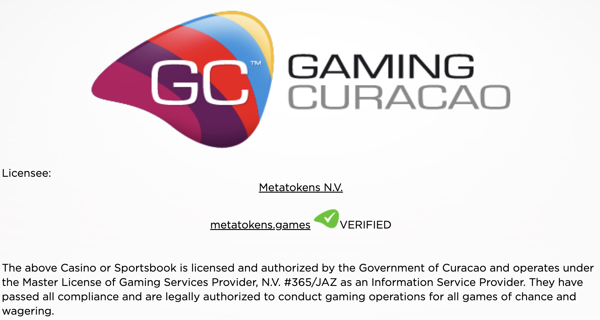 Casino owned and operated by Metatokens N.V.