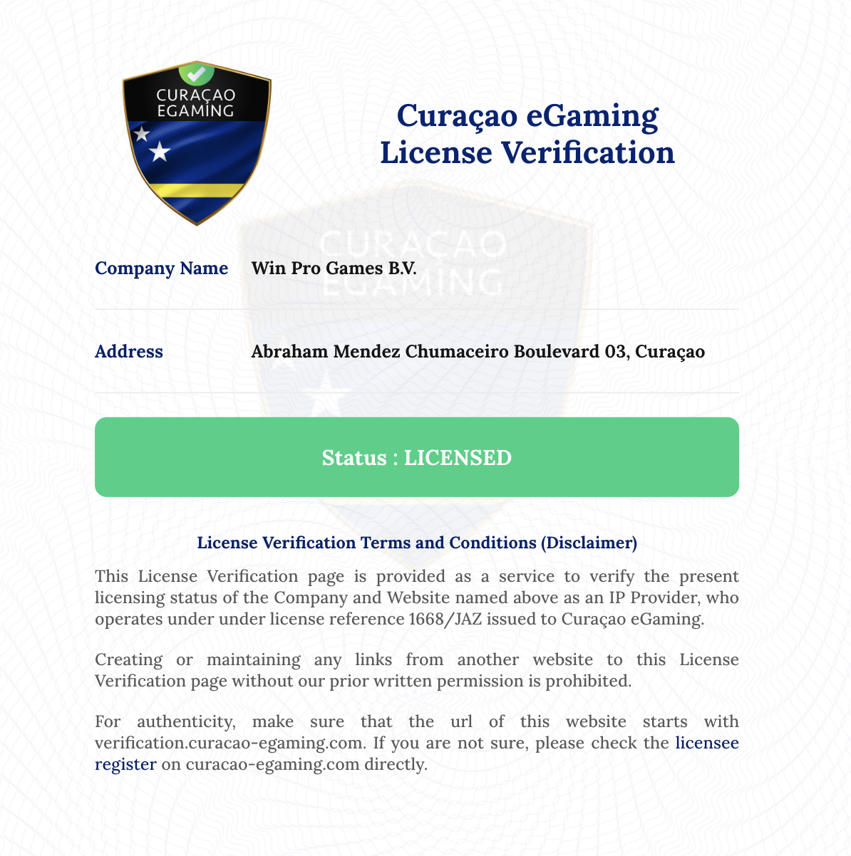 Casino owned and operated by Win Pro Games B.V.