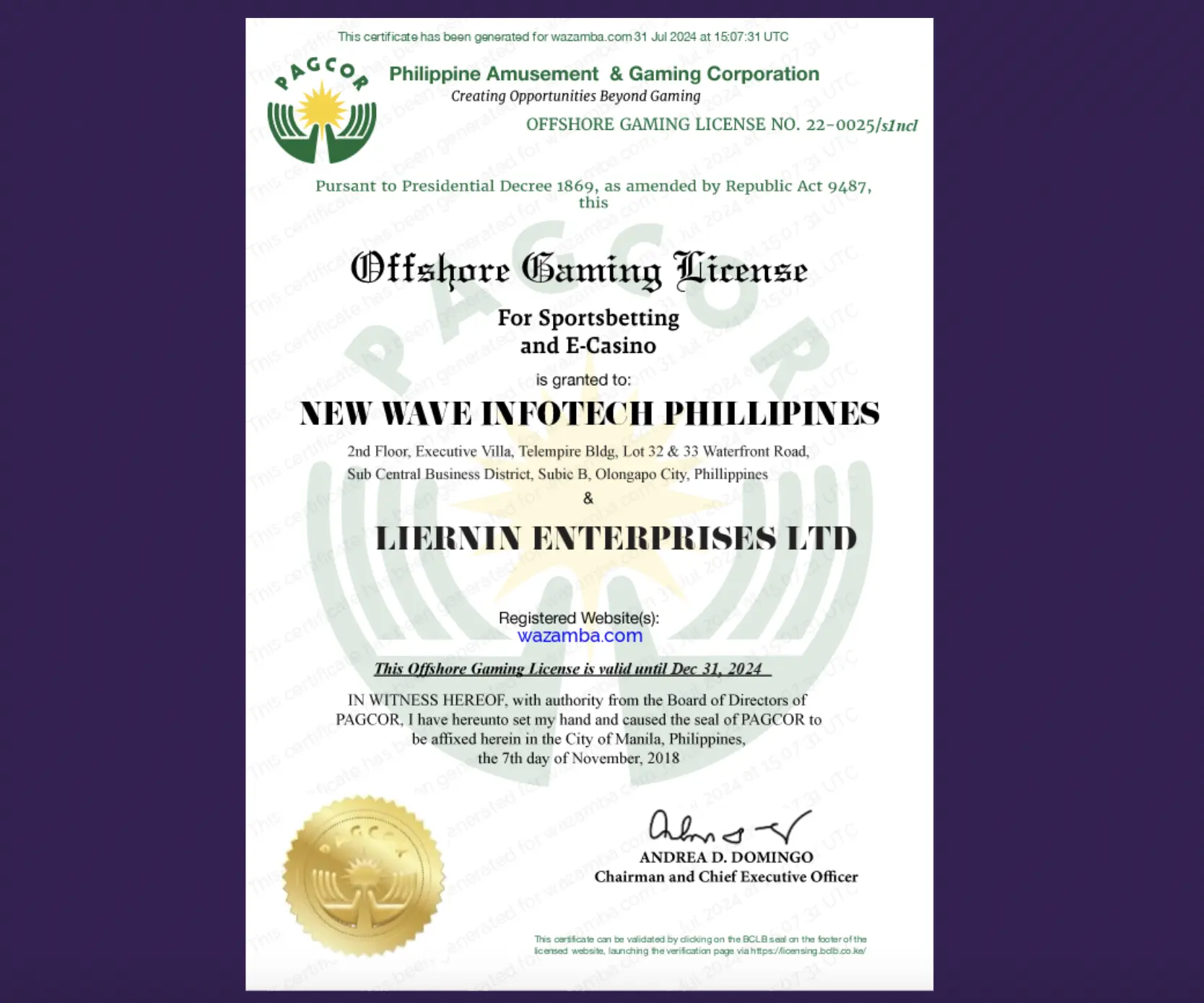 Casino owned and operated by Liernin Enterprises LTD