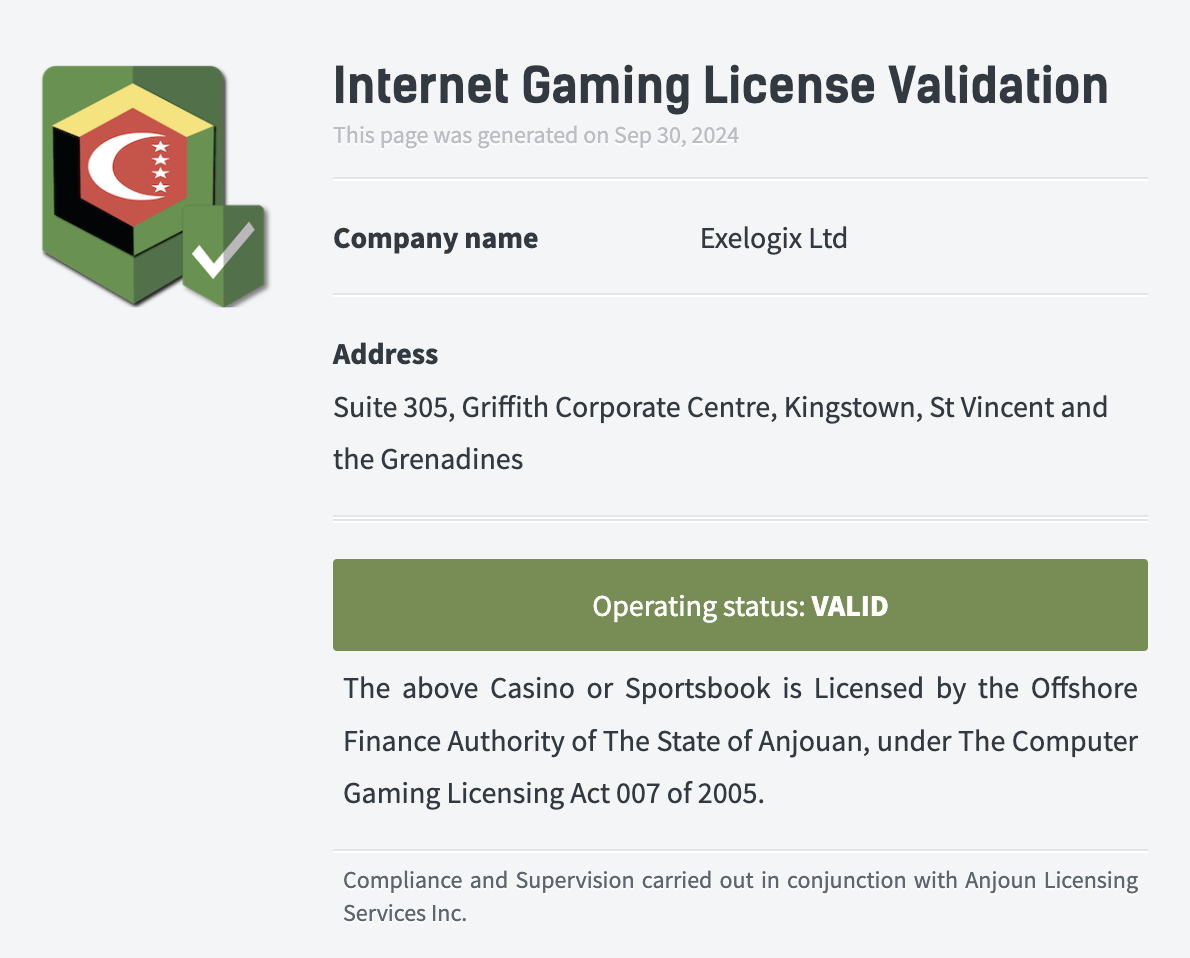 Casino owned and operated by Exelogix Ltd