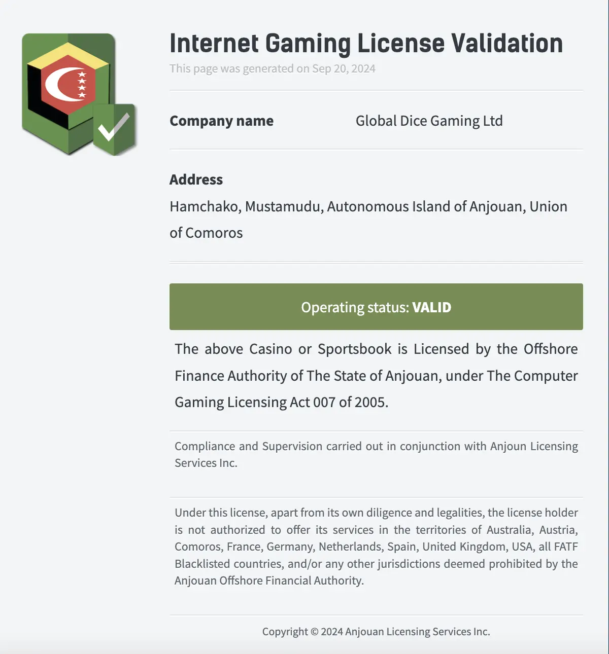 Casino owned and operated by Global Dice Gaming LTD.