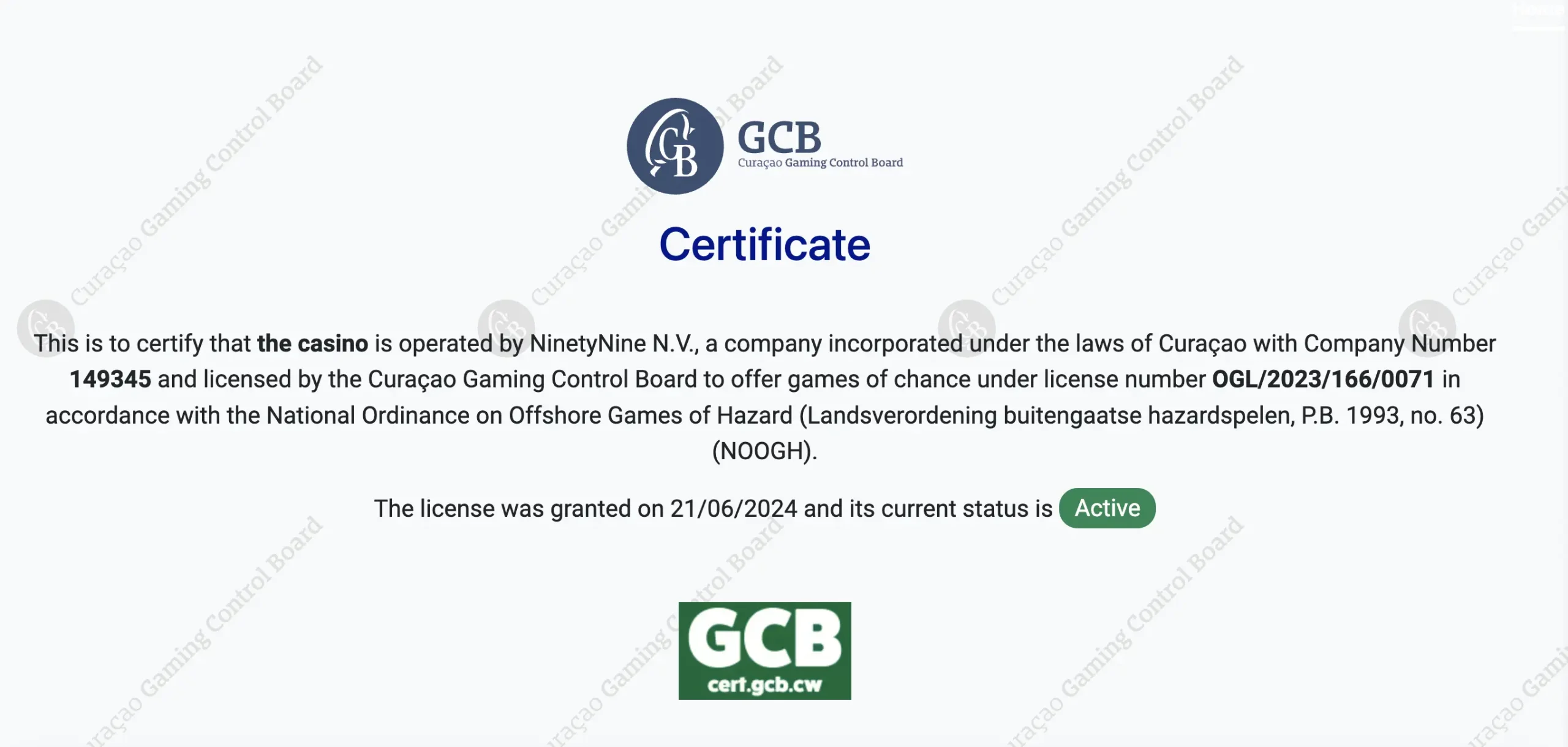 Casino owned and operated by NinetyNine N.V.