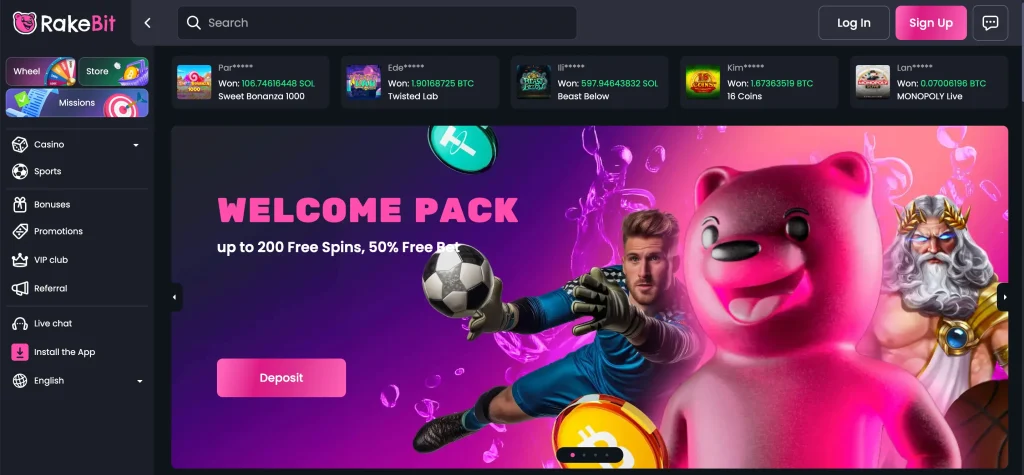 RakeBit Crypto Casino Homepage