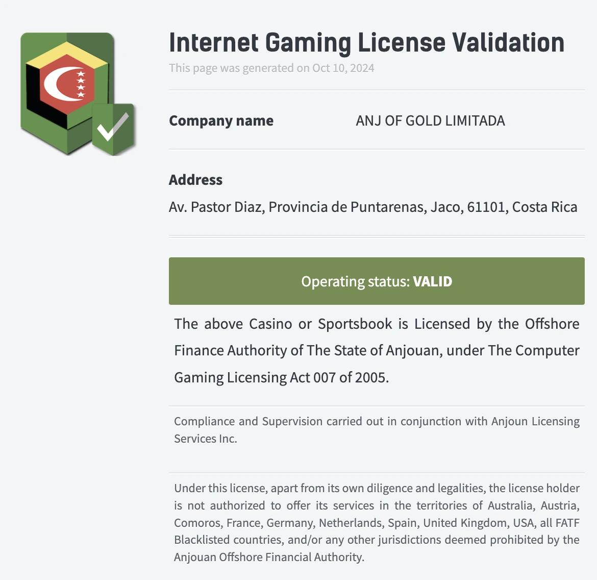 Casino owned and operated by ANJ OF GOLD LIMITED