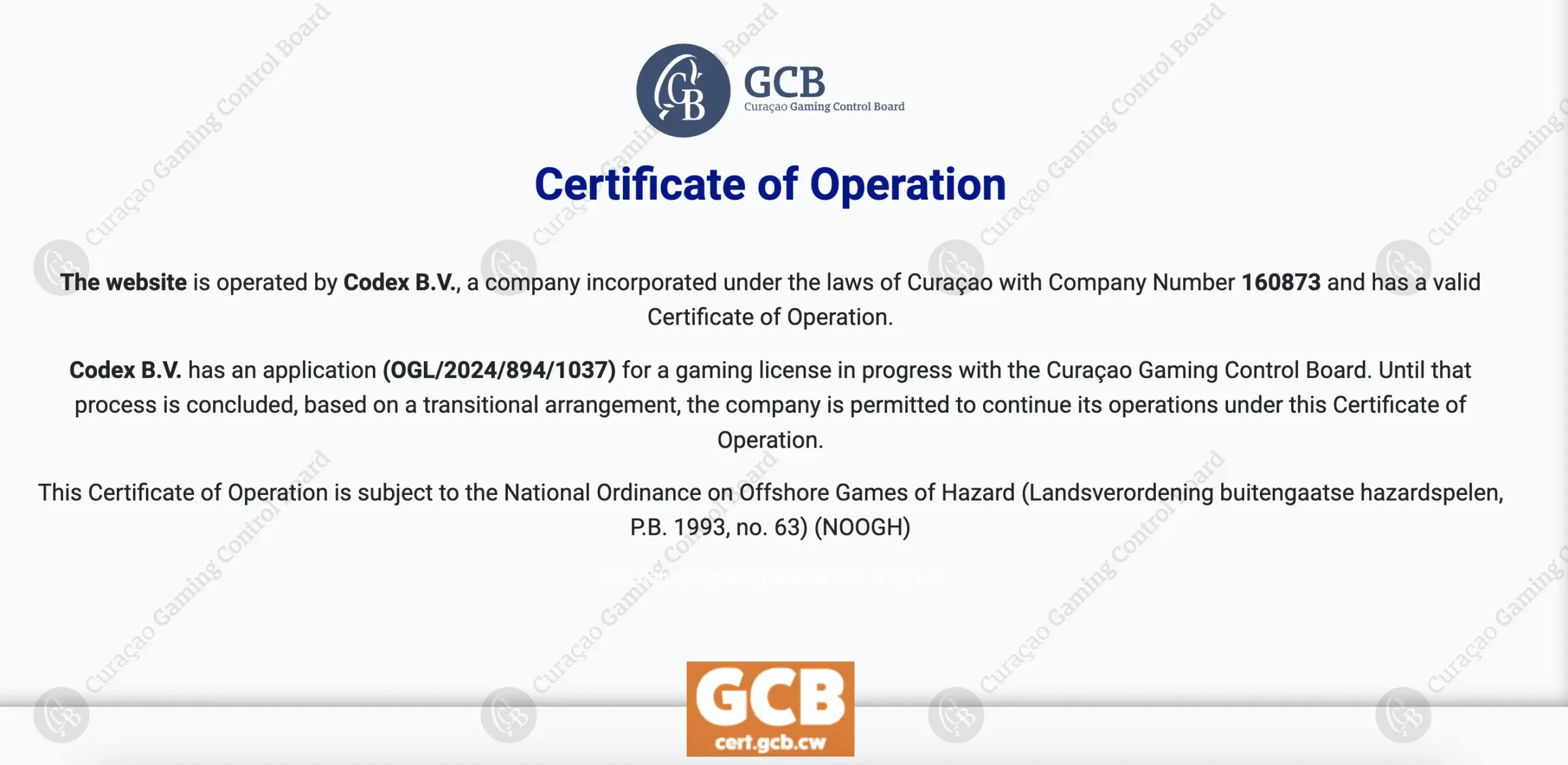 Casino owned and operated by Codex B.V.