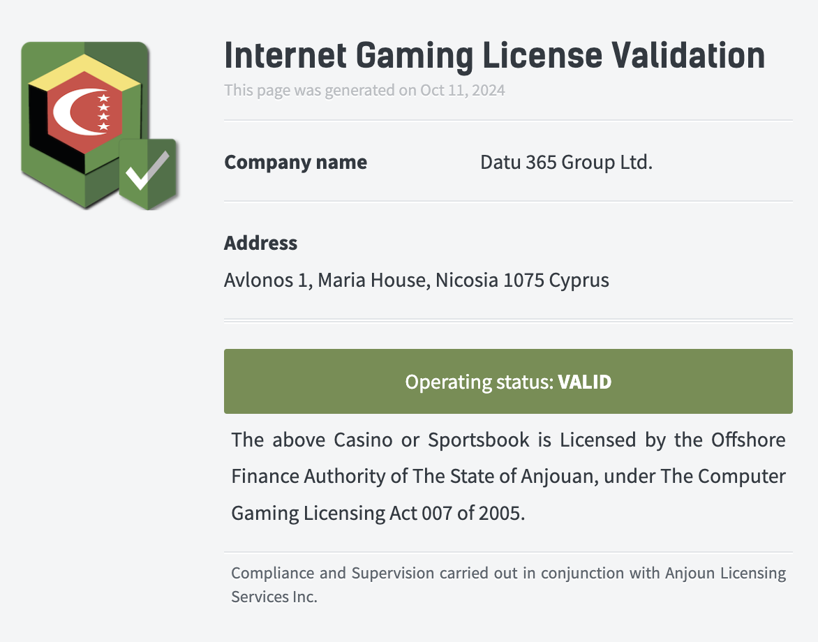 Casino owned and operated by Datu 365 Group LTD