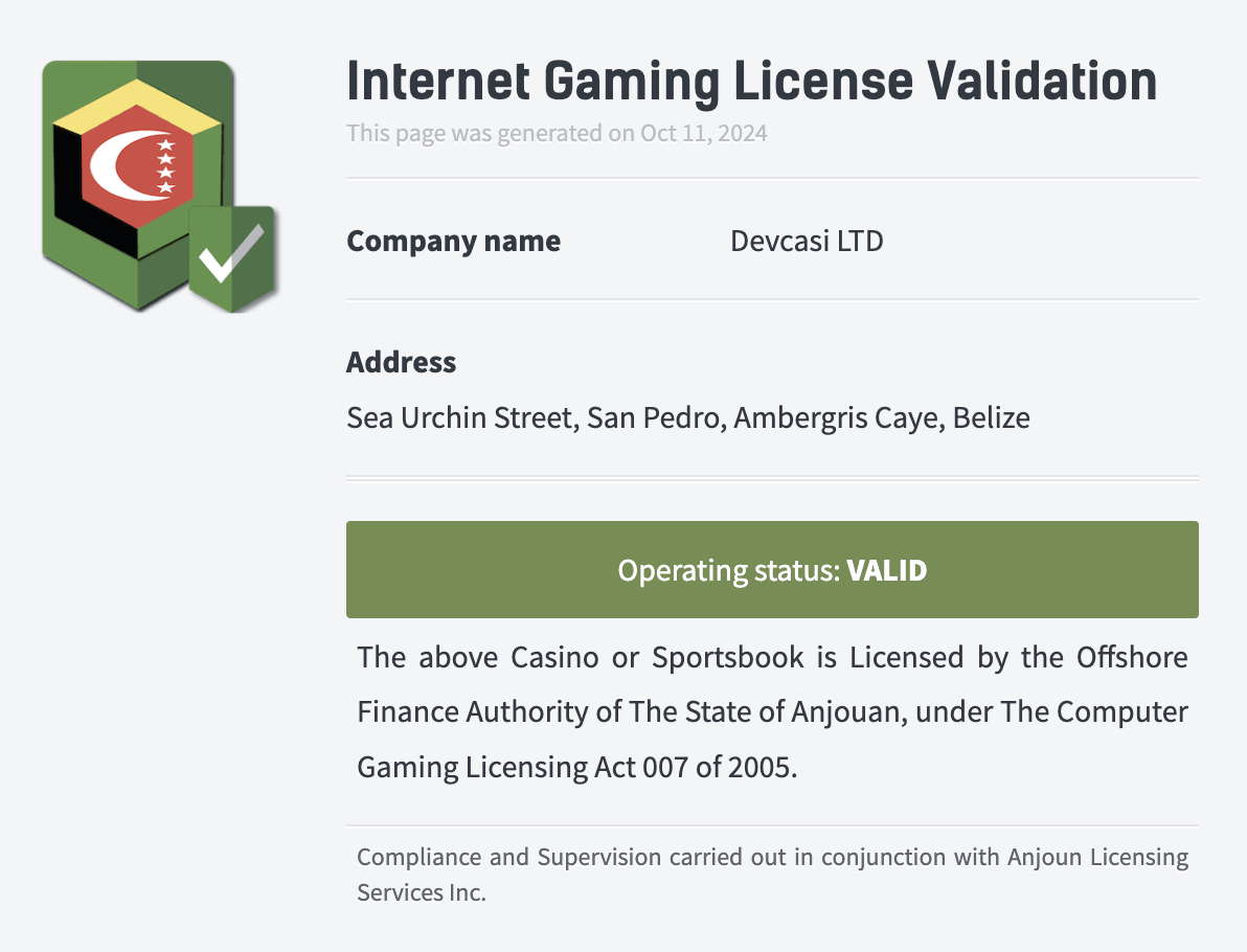 Casino owned and operated by Devcasi LTD.