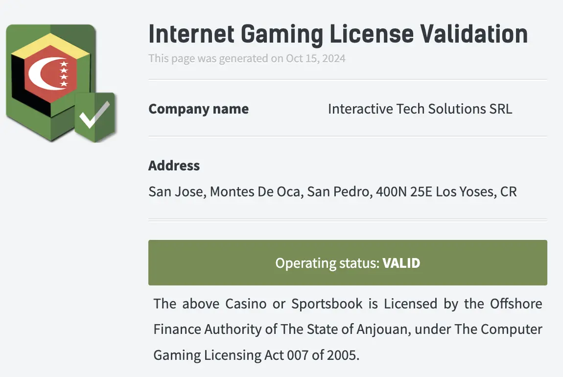 Casino owned and operated by Interactive Tech Solutions SRL