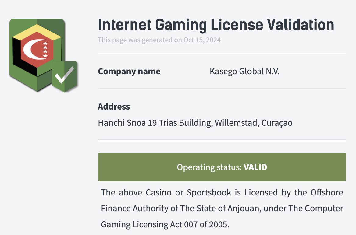 Casino owned and operated by Kasego Global N.V.