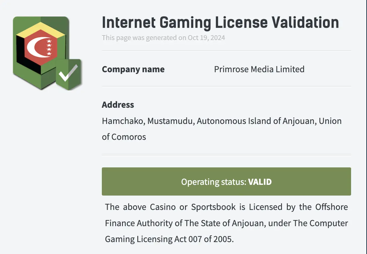 Casino owned and operated by Primrose Media Limited