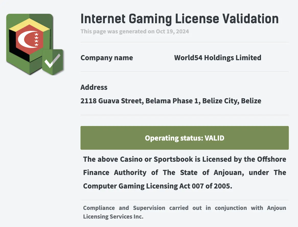 Casino owned and operated by World54 Holdings Limited