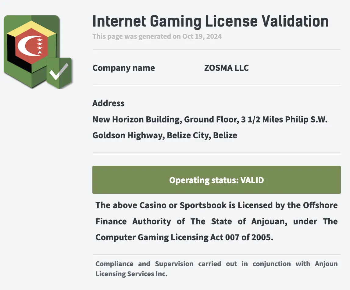 Casino owned and operated by Zosma LLC.