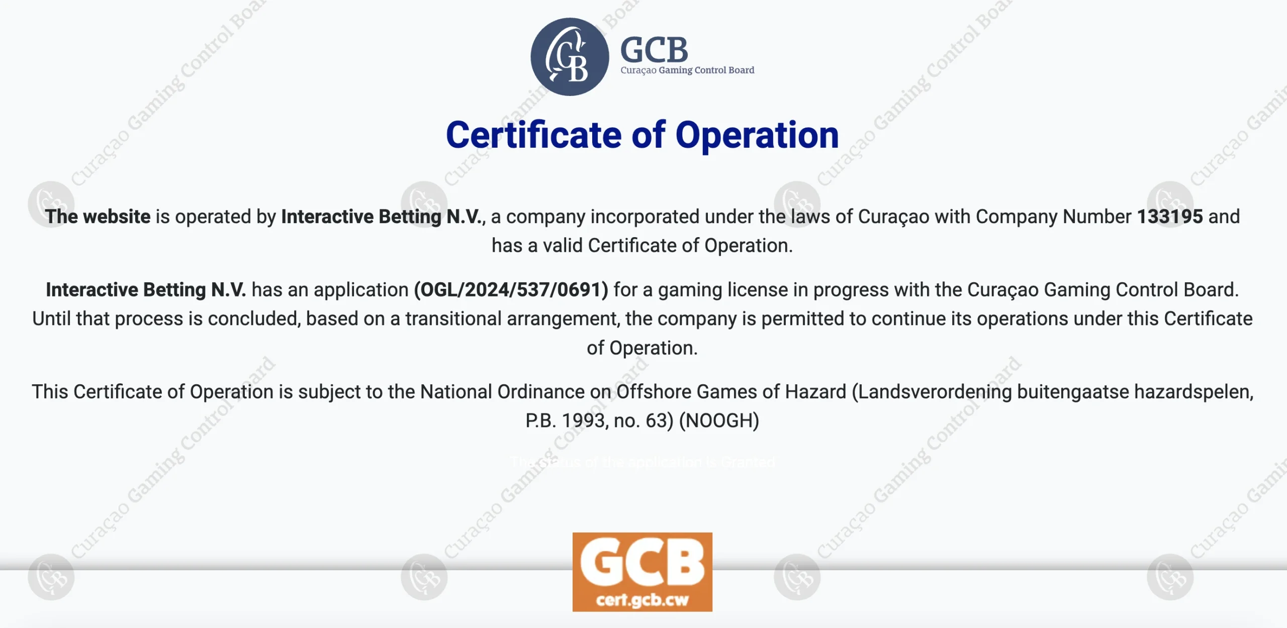 Casino owned and operated by Interactive Betting N.V.