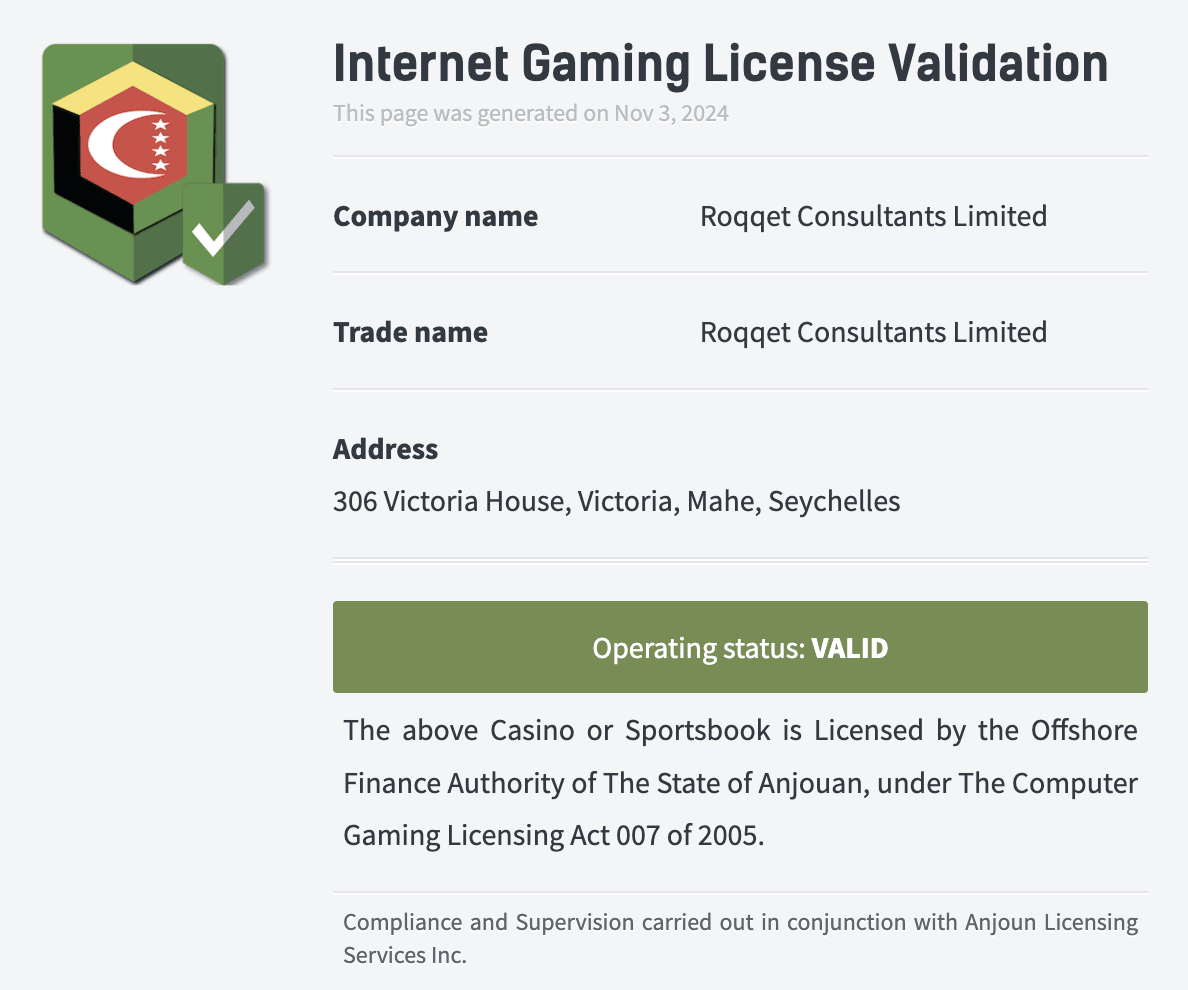 Casino owned and operated by Roqqet Consultants Limited