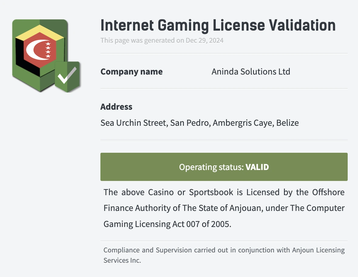 Casino owned and operated by ANINDA SOLUTIONS Ltd