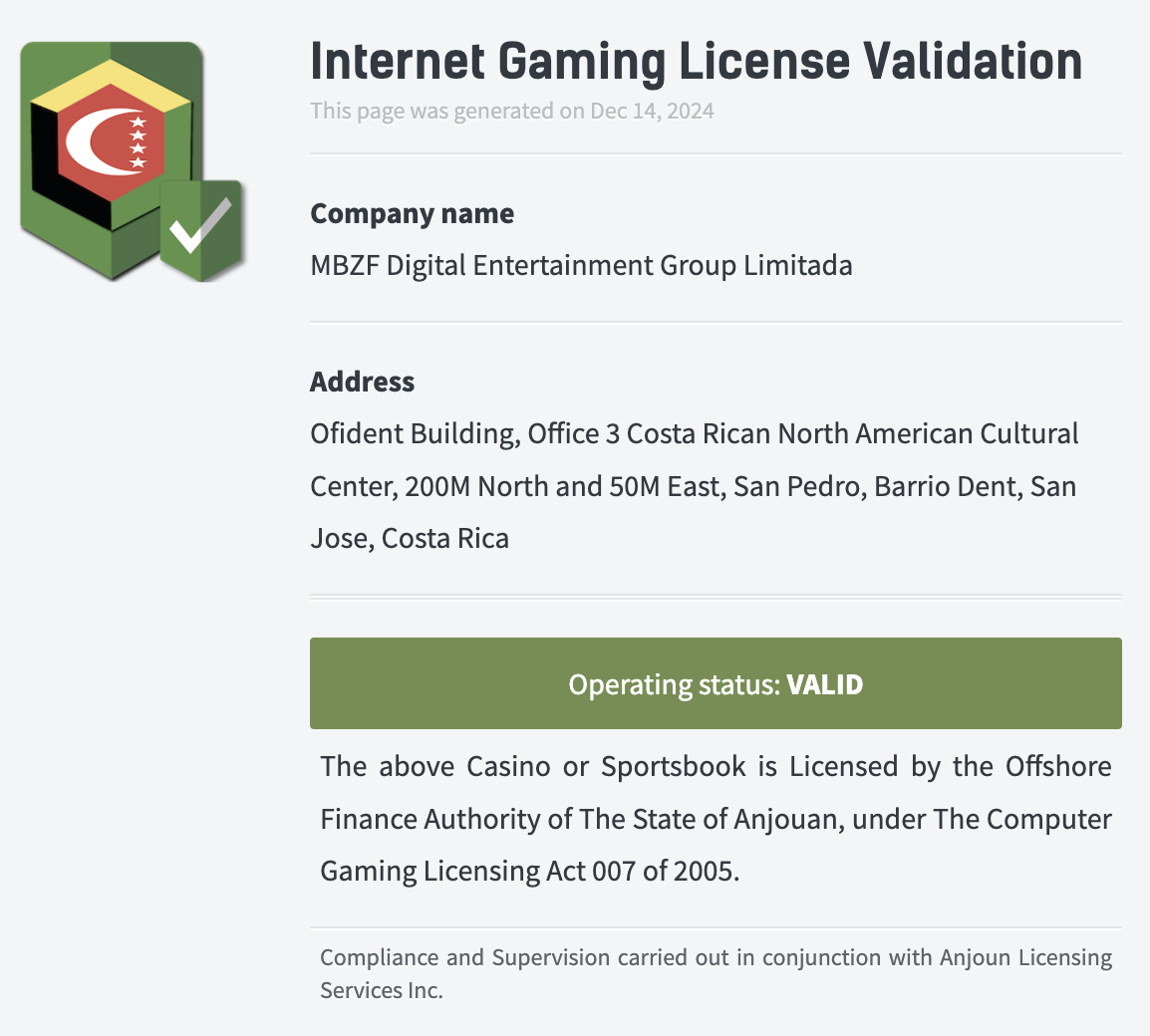 Casino owned and operated by MBZF Digital Entertainment Group Limitada